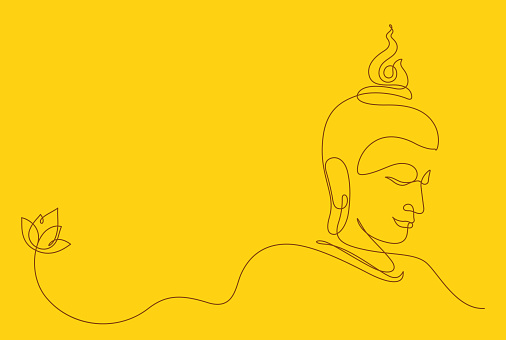 buddha face line art decorated with lotus water lily.continuous line drawing style vector illustration