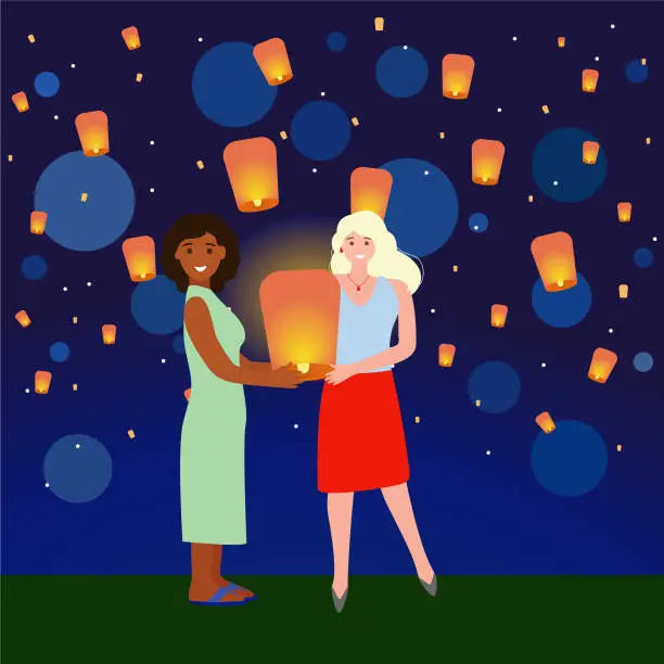 Vector illustration of White and black women launch a paper lantern together. LGBT couple