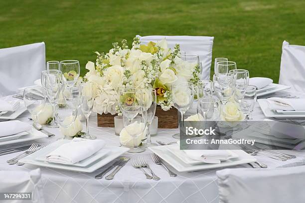 White Rose Dining Stock Photo - Download Image Now - Arrangement, Centerpiece, Decoration