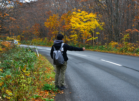 Asian man traveler enjoying autumn forest in Hakkoda Mountains, Aomori, Japan.