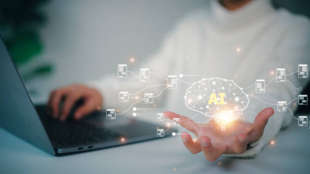 istock Hand touching brain of AI, Symbolic, Machine learning, artificial intelligence of futuristic technology. AI network of brain on business analysis, 1472944256