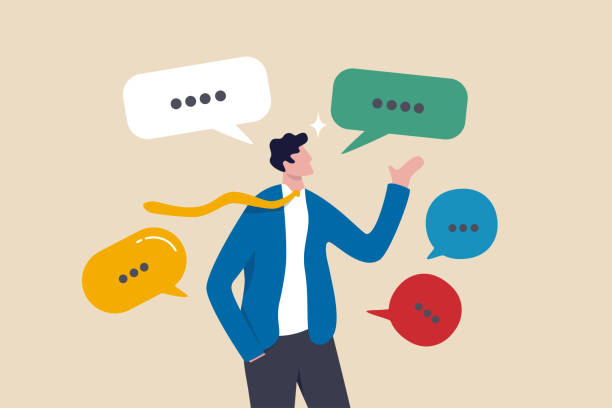 ilustrações de stock, clip art, desenhos animados e ícones de verbal or oral communication skill, storytelling or explanation, public speaking, talking or discussion, telling message or speech concept, confidence businessman talking with multiple speech bubbles. - comentador apresentador