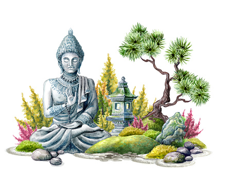 watercolor illustration of oriental landscape with buddha statue, bonsai and stone lantern. Spiritual zen garden design, nature arrangement, isolated on white background