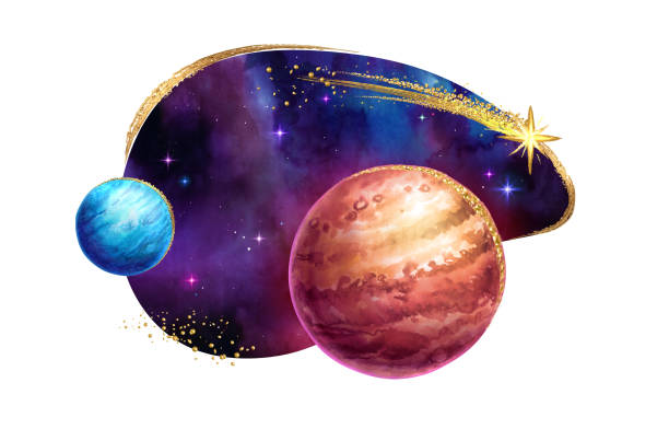 watercolor illustration. Space with starry sky and planets, curvy shape sticker, clip art isolated on white background. Jupiter and golden comet watercolor illustration. Space with starry sky and planets, curvy shape sticker, clip art isolated on white background. Jupiter and golden comet venus planet stock illustrations