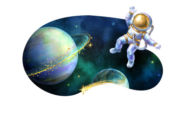 istock watercolor illustration. Curvy shape cosmic sticker with stars, planets, spaceman and golden comet. Space clip art isolated on white background 1472948218