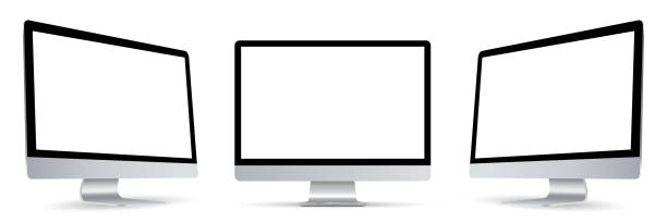 ilustrações de stock, clip art, desenhos animados e ícones de three black monitor with empty display in turn, realistic set device screen mockup with shadow - vector - pc