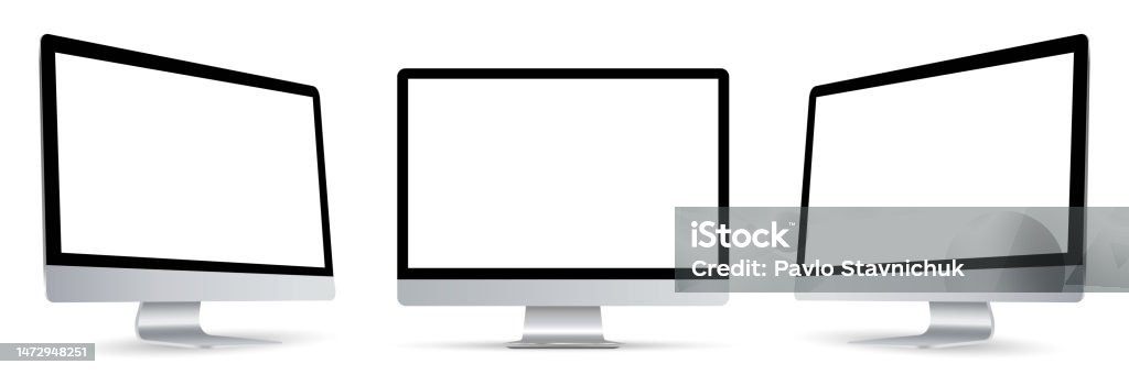 Three black monitor with empty display in turn, realistic set device screen mockup with shadow - vector - Royaltyfri Dator vektorgrafik Three black monitor with empty display in turn, realistic set device screen mockup with shadow - vector - Royaltyfri Dator vektorgrafik