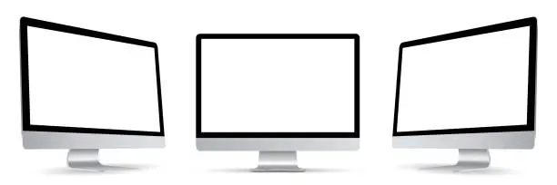 Vector illustration of Three black monitor with empty display in turn, realistic set device screen mockup with shadow - vector