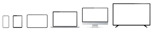 Set of mockup technology devices with empty white display: TV, computer, laptop, tablet and mobile phone. Screen device mockup blank. Realistic media gadgets with white screen - vector vector art illustration