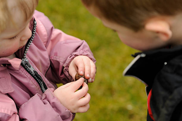 Two children examine a snail stock photo