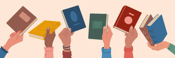 Book exchange or crossing. Human hand holding books. Book exchange or crossing. Human hand holding books. People exchanging, borrowing and recommending literature. Hand drawn vector illustration isolated on light background, trendy flat cartoon style. book club stock illustrations