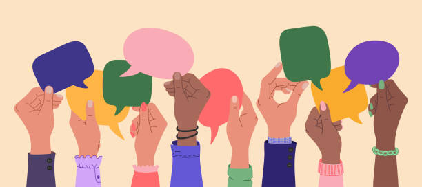 ilustrações, clipart, desenhos animados e ícones de mãos humanas segurando bolhas de fala, as pessoas trocam ideias. cooperação e comunicação em equipe - speech bubble communication discussion talking