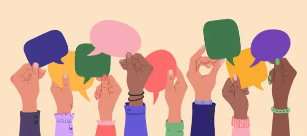 Vector illustration of Human hands holding speech bubbles, people exchange ideas. Team cooperation and communication