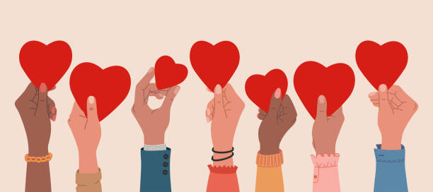Human hands holding hearts,  charity and donation concept. Human hands holding hearts,  charity and donation concept.  Hand drawn vector vector illustration isolated on light background. Modern flat cartoon style. diversity hands forming heart stock illustrations