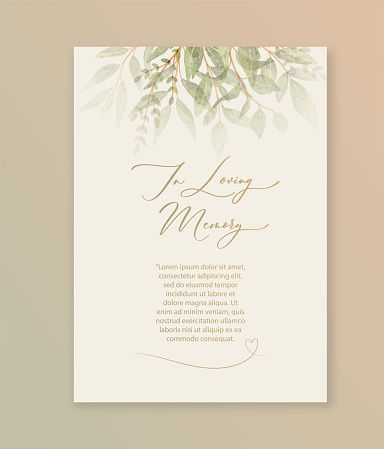 In loving Memory card with green watercolor botanical leaves. Abstract floral art background vector design