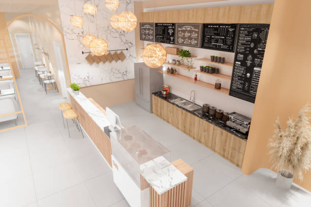 istock Empty Modern Cafe Interior With Coffee Maker.Cake Desserts In Showcase 1472950710