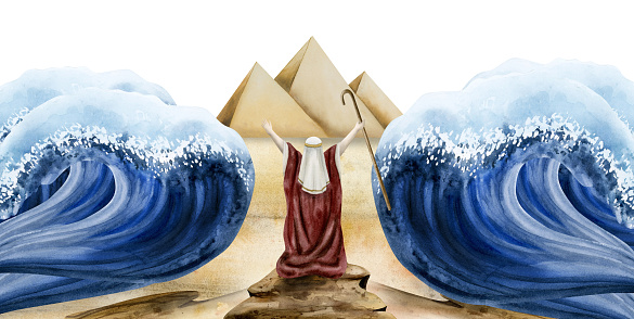 Passover Haggadah story with Moses separating Red sea watercolor Exodus illustration. Jewish Bible story with pyramids, waves