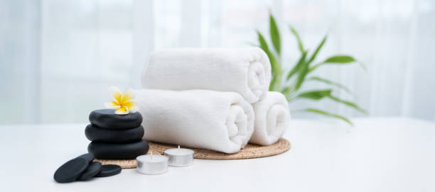 istock Spa accessory composition set in day spa hotel , beauty wellness center 1472957006