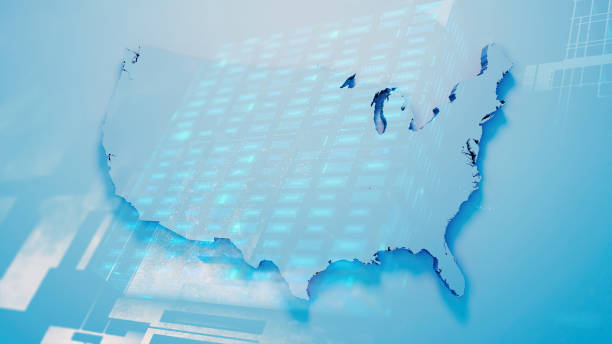 istock Map of USA with states on blue digital background 1472957378