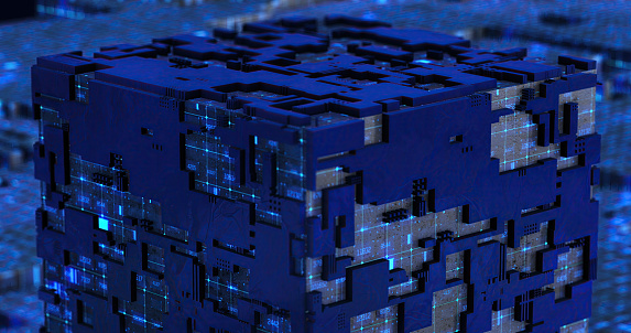 digital abstract cube inside technological environment with firing processing information