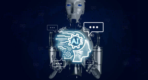istock 3d rendering smart robot showing glow AI management icon surrounded with digital chatbot speech on digital world map, blue background. Robotic chat bot service. Artificial intelligence, smart machine. 1472958135