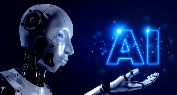 istock Close-up 3d rendering humanoid robot portraits holding AI tech, shining hologram text glowing on blue background. Futuristic AI robotic humanoid, artificial intelligence service technology concept. 1472958143