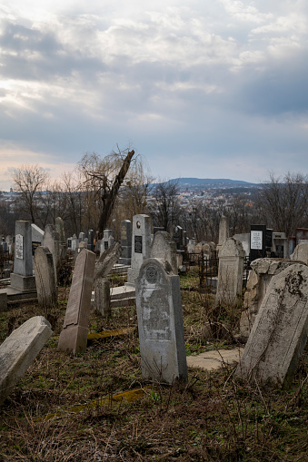 Chernivtsi, Ukraine - March 8, 2023: Old headstones are seen at the Jewish cemetery in Chernivtsi. The city, which before WWII had a large Jewish population and in 1908 hosted the World Conference on Yiddish Language, established the cemetery in 1866. Today it contains approximately 50,000 graves.