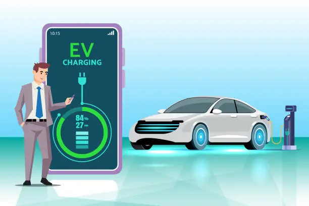 Vector illustration of Mobile application that tells the charging status of the electric vehicle. mobile application for EV car management. Concept of electric vehicle charge.