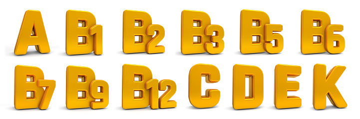 Vitamins A, B1, B2, B3, B5, B6, B7, B9, B12, C, D, E, K  3d isolated on white background. Multi Vitamin 3d. vitamins shield icon concept. 3d rendering