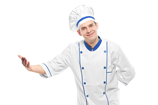 A chef welcoming isolated on white
