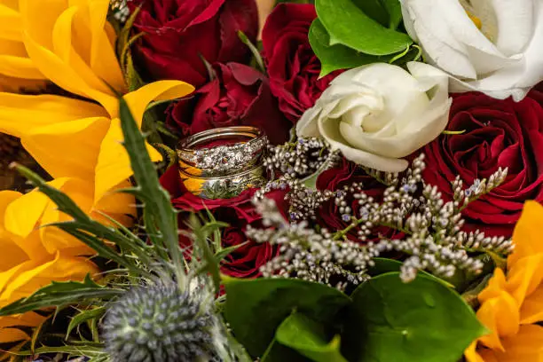 The bride and groom's wedding rings sitting on a red rose in the wedding bouquet.