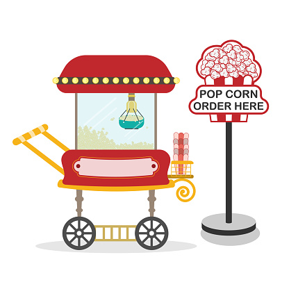 Red Popcorn Cart and Floor sign holders. Old Vintage Style Popcorn Machine Maker Popper. flat design cartoon concept. vector ,illustration