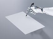 Ai art generator with robot writing assistant or essay generator hand hold pen