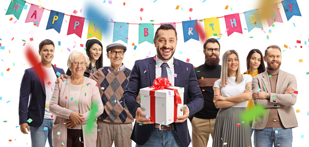 People at a party and man holding a gift box isolated on white background