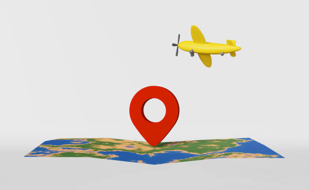 istock Map with geolocation pin point 3d rendering banner. Red GPS location marker flying airplane. Travel rout transportation. 1472973583