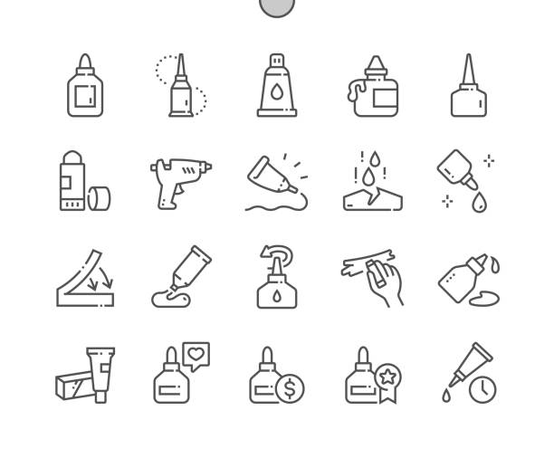 klej. nakładanie kleju, szczeliwa z tuby. klej. kupno, cena i opinie o produktach. piksele idealne wektorowe cienkie linie ikony. prosty minimalny piktogram - klej stock illustrations