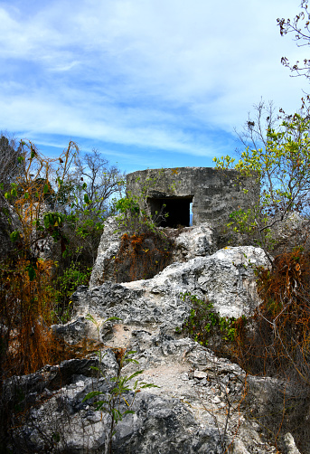 Aiwo district, Nauru: World War II Japanese bunker / concrete pill box in karst formations near Command Ridge - Imperial Japanese troops occupied Nauru on 25 August 1942. Nipponic troops controlled the island until 13 September 1945, when Captain Hisayaki Soeda surrendered the island to the Australian forces.