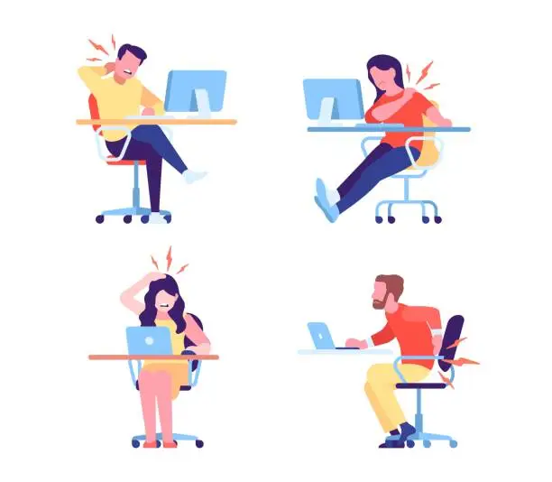 Vector illustration of Neck and back pain due to improper ergonomics during prolonged work at computer. Office men and women sitting at tables. People suffer from spine ache. Vector employees backache set