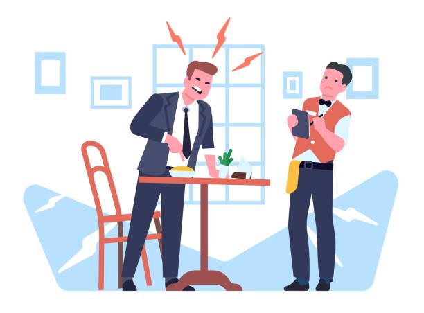 Angry male customer in restaurant yells at waiter. Quarreling people in cafe. Man disappointed of food in cafeteria. Guy shouting at waitress. Person at dining table. Vector concept vector art illustration
