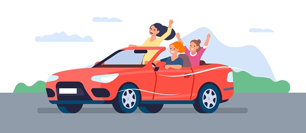 Cheerful girlfriends riding in convertible on road. Happy young women group. Girl driving red car. People traveling by automobile. Summer vacation. Joyful lady friends in auto vehicle. Vector concept
