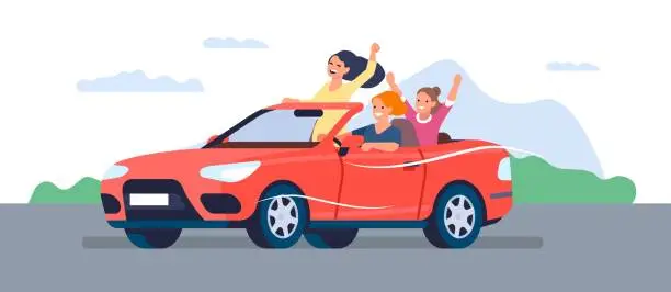 Vector illustration of Cheerful girlfriends riding in convertible on road. Happy young women group. Girl driving red car. People traveling by automobile. Summer vacation. Joyful friends in vehicle. Vector concept