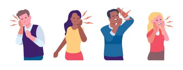 Vector illustration of Men and women holding cheek because of toothache. People suffering from pain. Unhappy dentist patients. Painful sensitive teeth. Mouth ache. Medical oral symptoms. Vector sad persons set