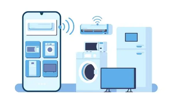 Vector illustration of Smartphone controls home appliance via internet. Smart air conditioner or microwave. Washing machine. Refrigerator and television. Mobile application Wireless connection. Vector concept