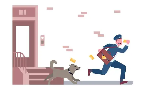 Vector illustration of Postman running away from angry guard dog. Postal worker escaping from domestic animal. Aggressive puppy barking and chasing mailman. Letter envelopes delivery. House porch. Vector concept