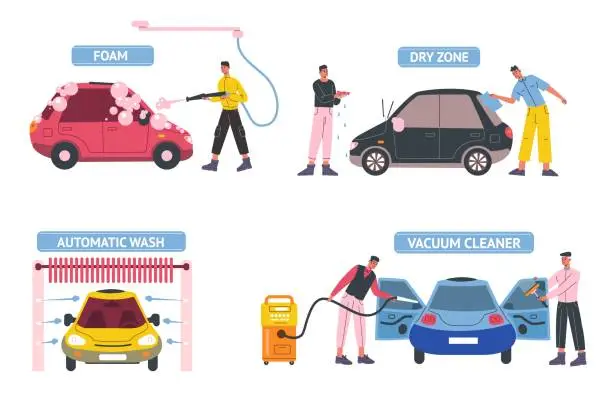 Vector illustration of Self car wash service. People cleaning automobile windows and salon interior. Automatic water supply. Soap foam equipment. Dry and vacuum brushing. Transport care. Vector carwash set