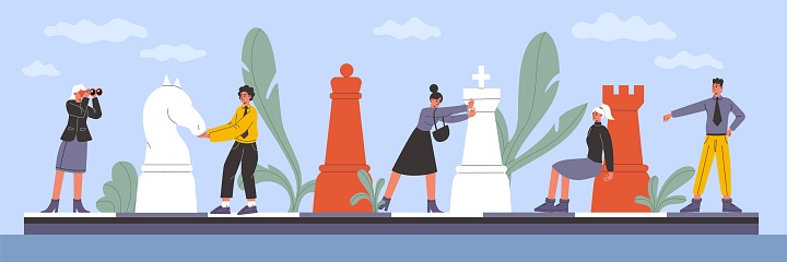 Cartoon persons with chess. People pushing big game pieces. Business checkmate. Queen and king. Man and woman players on chessboard. Knight and rook figures. Logic competition winner. Vector concept