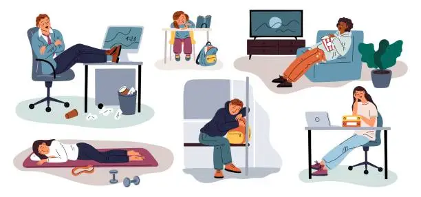 Vector illustration of Sleepy people. Tired and asleep characters. Unexpected places. Overworked employees. Persons with narcoleptic seizure. Fatigue and drowsiness. Kid sleeps at school desk. Garish vector set