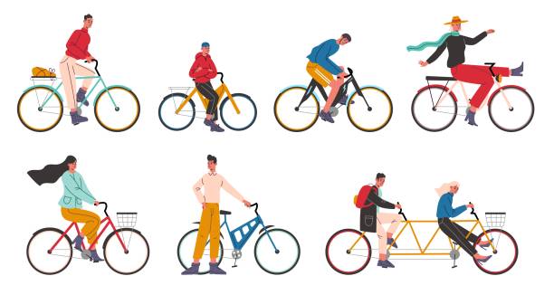 People ride bicycles. Happy men and women cyclists. City transportation. Walking by bikes. Persons drive cycles. Stand nearby. Funny biking characters. Vector isolated bicyclists set vector art illustration