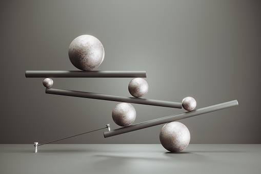 Balance concept with different spheres. (3d render)