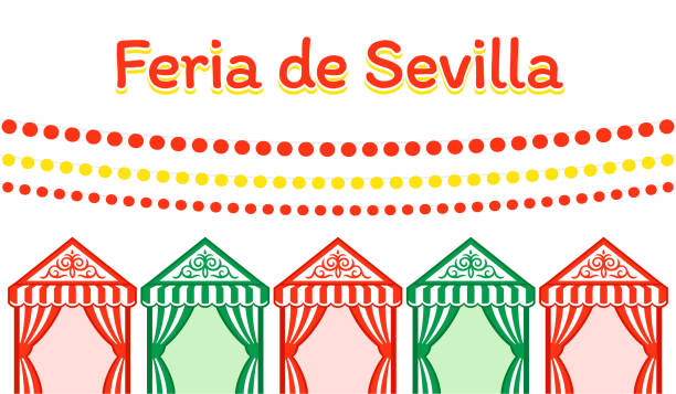 April Fair of Seville banner Feria de Sevilla (Spanish for Seville Fair) traditional festival in Andalusia, Spain. Flat cartoon design banner with lanterns and casetas. Vector clip art illustration. sevilla stock illustrations